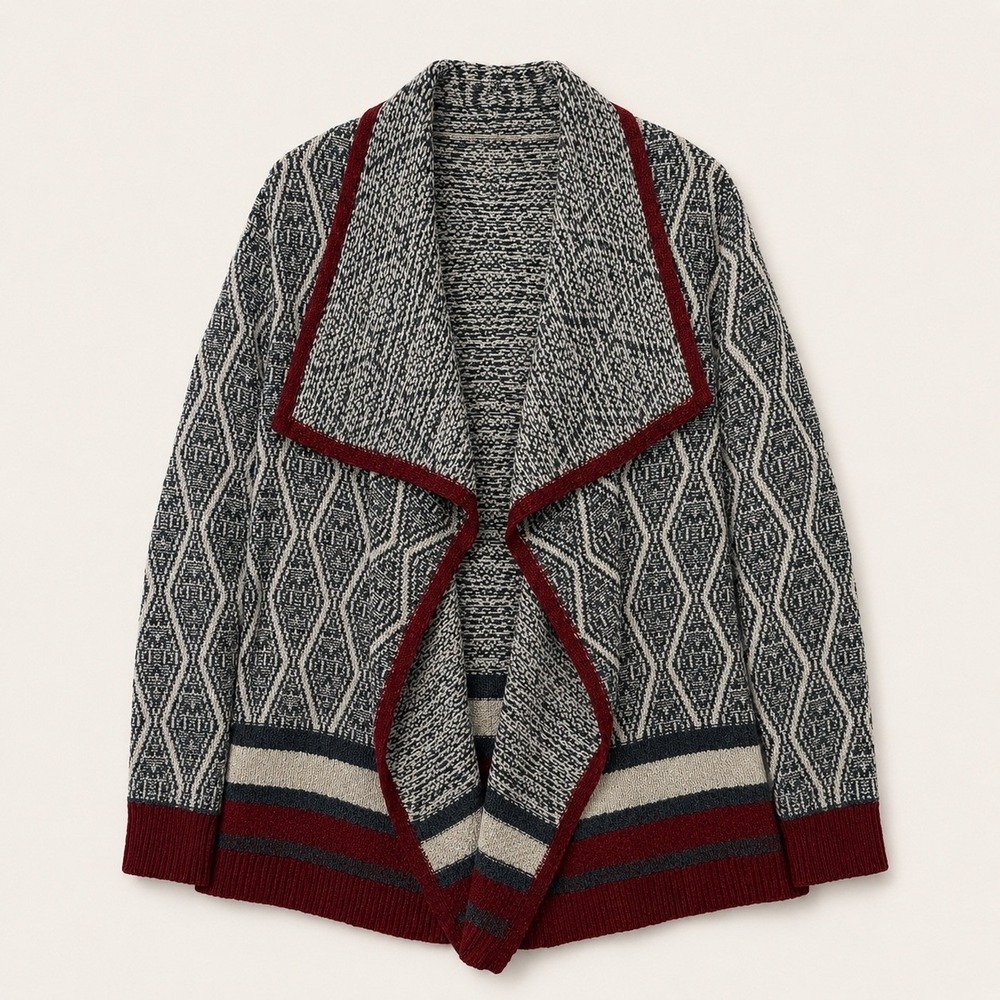 St. John's Bay Boho Cardigan XL Geometric Knit Red, Gray, Cream Festival